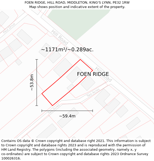 FOEN RIDGE, HILL ROAD, MIDDLETON, KING'S LYNN, PE32 1RW: Plot and title map