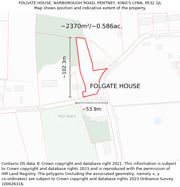 FOLGATE HOUSE, NARBOROUGH ROAD, PENTNEY, KING'S LYNN, PE32 1JL: Plot and title map