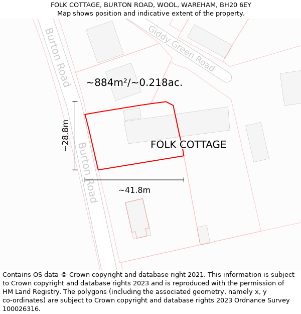 FOLK COTTAGE, BURTON ROAD, WOOL, WAREHAM, BH20 6EY: Plot and title map