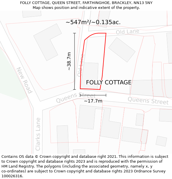 FOLLY COTTAGE, QUEEN STREET, FARTHINGHOE, BRACKLEY, NN13 5NY: Plot and title map