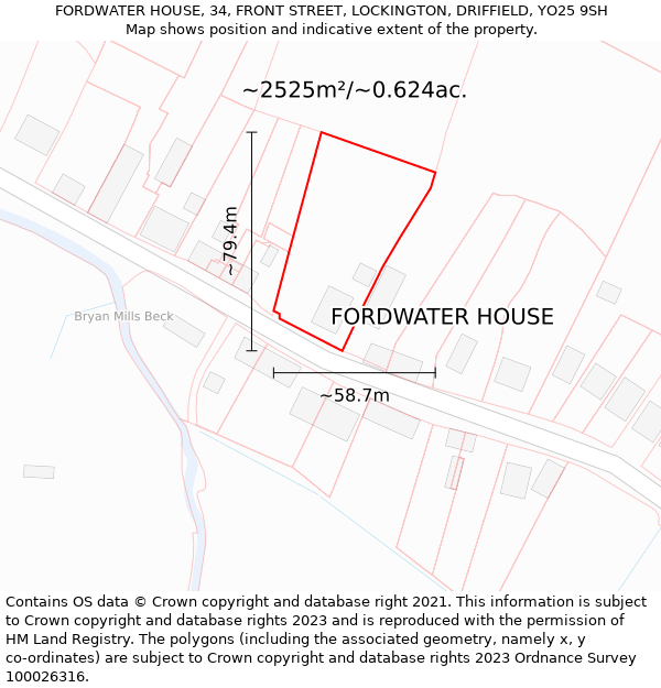 FORDWATER HOUSE, 34, FRONT STREET, LOCKINGTON, DRIFFIELD, YO25 9SH: Plot and title map