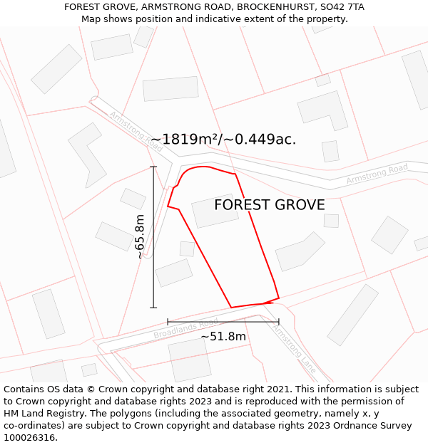 FOREST GROVE, ARMSTRONG ROAD, BROCKENHURST, SO42 7TA: Plot and title map