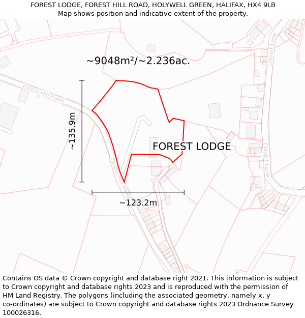 FOREST LODGE, FOREST HILL ROAD, HOLYWELL GREEN, HALIFAX, HX4 9LB: Plot and title map