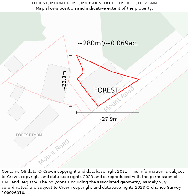 FOREST, MOUNT ROAD, MARSDEN, HUDDERSFIELD, HD7 6NN: Plot and title map