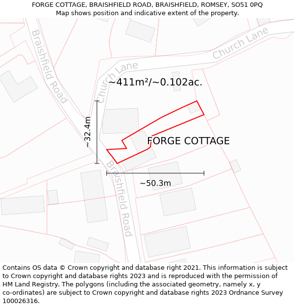 FORGE COTTAGE, BRAISHFIELD ROAD, BRAISHFIELD, ROMSEY, SO51 0PQ: Plot and title map