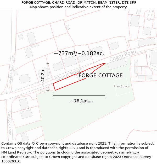 FORGE COTTAGE, CHARD ROAD, DRIMPTON, BEAMINSTER, DT8 3RF: Plot and title map