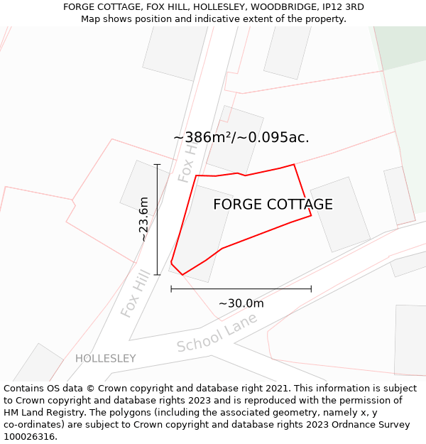 FORGE COTTAGE, FOX HILL, HOLLESLEY, WOODBRIDGE, IP12 3RD: Plot and title map