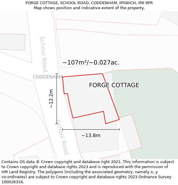 FORGE COTTAGE, SCHOOL ROAD, CODDENHAM, IPSWICH, IP6 9PR: Plot and title map