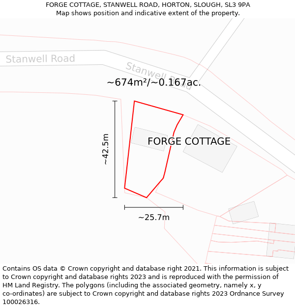 FORGE COTTAGE, STANWELL ROAD, HORTON, SLOUGH, SL3 9PA: Plot and title map