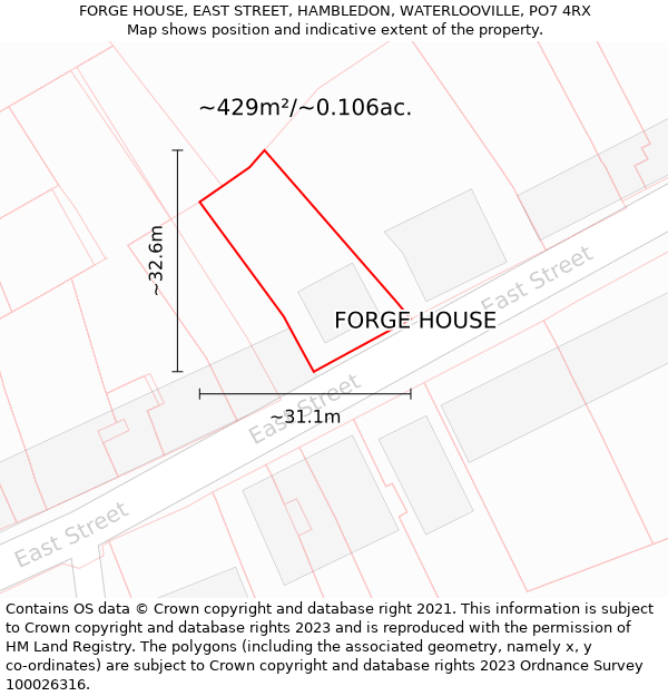 FORGE HOUSE, EAST STREET, HAMBLEDON, WATERLOOVILLE, PO7 4RX: Plot and title map