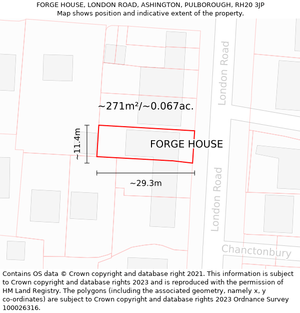 FORGE HOUSE, LONDON ROAD, ASHINGTON, PULBOROUGH, RH20 3JP: Plot and title map