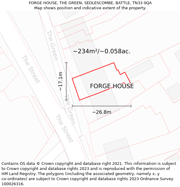 FORGE HOUSE, THE GREEN, SEDLESCOMBE, BATTLE, TN33 0QA: Plot and title map