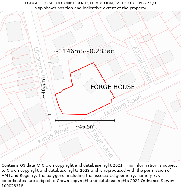 FORGE HOUSE, ULCOMBE ROAD, HEADCORN, ASHFORD, TN27 9QR: Plot and title map