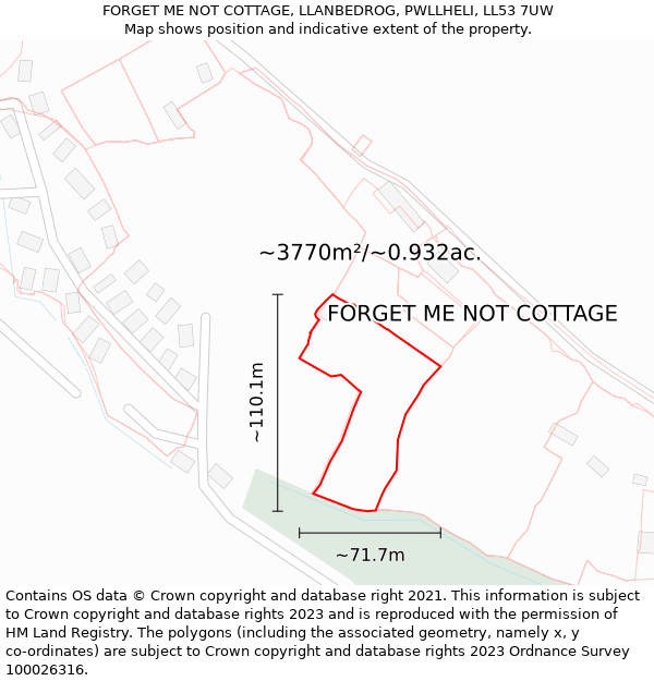 FORGET ME NOT COTTAGE, LLANBEDROG, PWLLHELI, LL53 7UW: Plot and title map