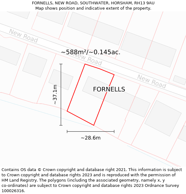 FORNELLS, NEW ROAD, SOUTHWATER, HORSHAM, RH13 9AU: Plot and title map