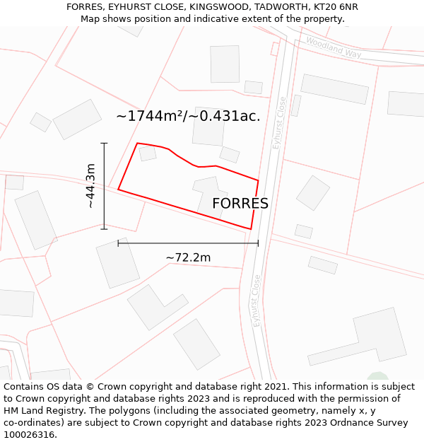 FORRES, EYHURST CLOSE, KINGSWOOD, TADWORTH, KT20 6NR: Plot and title map