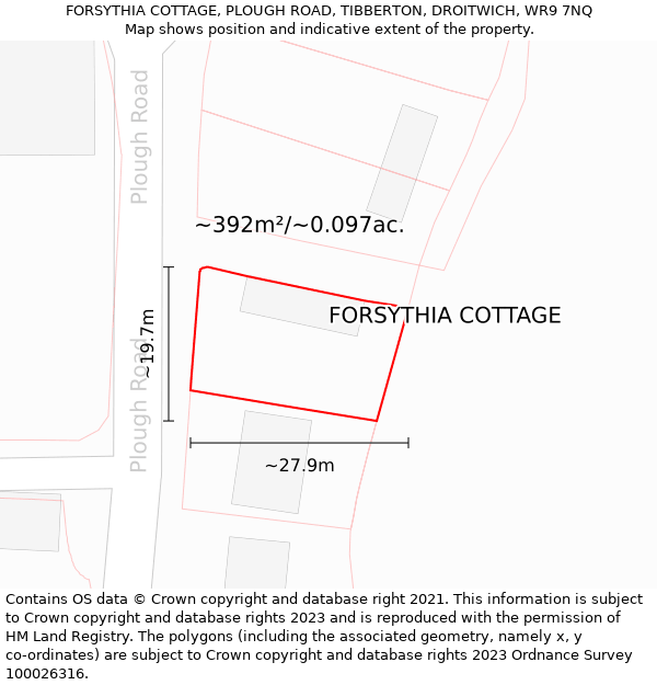 FORSYTHIA COTTAGE, PLOUGH ROAD, TIBBERTON, DROITWICH, WR9 7NQ: Plot and title map