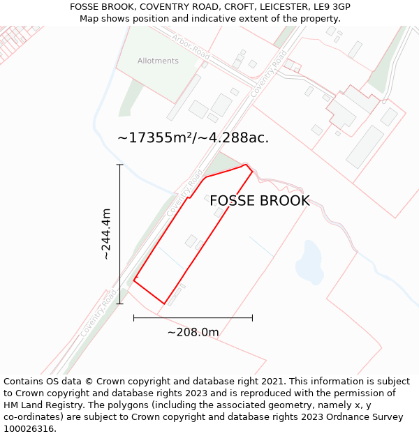 FOSSE BROOK, COVENTRY ROAD, CROFT, LEICESTER, LE9 3GP: Plot and title map