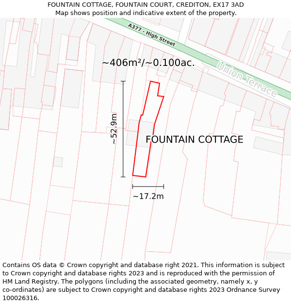 FOUNTAIN COTTAGE, FOUNTAIN COURT, CREDITON, EX17 3AD: Plot and title map