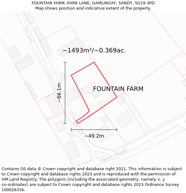 FOUNTAIN FARM, PARK LANE, GAMLINGAY, SANDY, SG19 3PD: Plot and title map