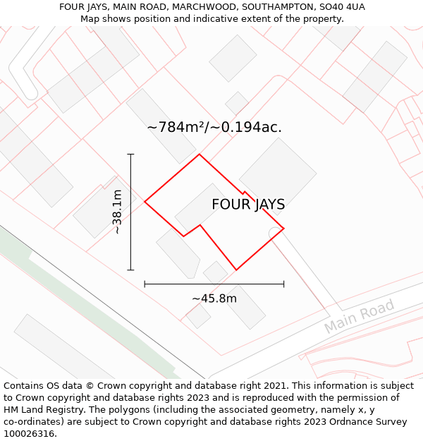 FOUR JAYS, MAIN ROAD, MARCHWOOD, SOUTHAMPTON, SO40 4UA: Plot and title map