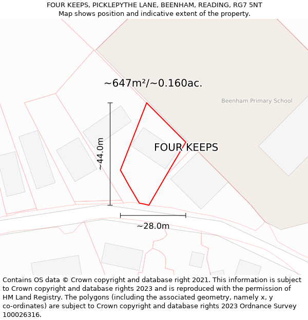 FOUR KEEPS, PICKLEPYTHE LANE, BEENHAM, READING, RG7 5NT: Plot and title map