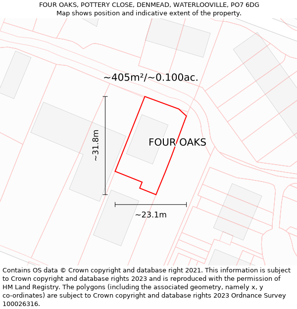 FOUR OAKS, POTTERY CLOSE, DENMEAD, WATERLOOVILLE, PO7 6DG: Plot and title map