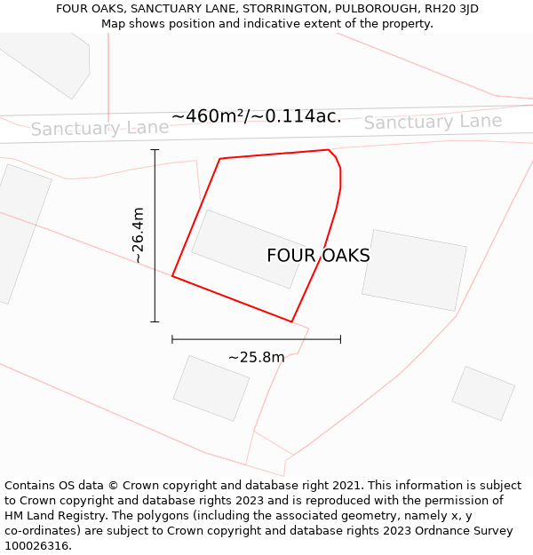 FOUR OAKS, SANCTUARY LANE, STORRINGTON, PULBOROUGH, RH20 3JD: Plot and title map