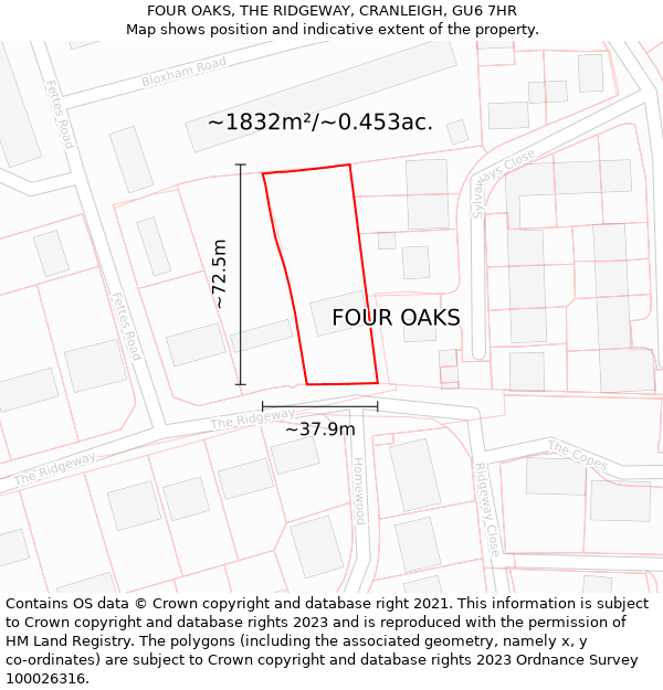 FOUR OAKS, THE RIDGEWAY, CRANLEIGH, GU6 7HR: Plot and title map