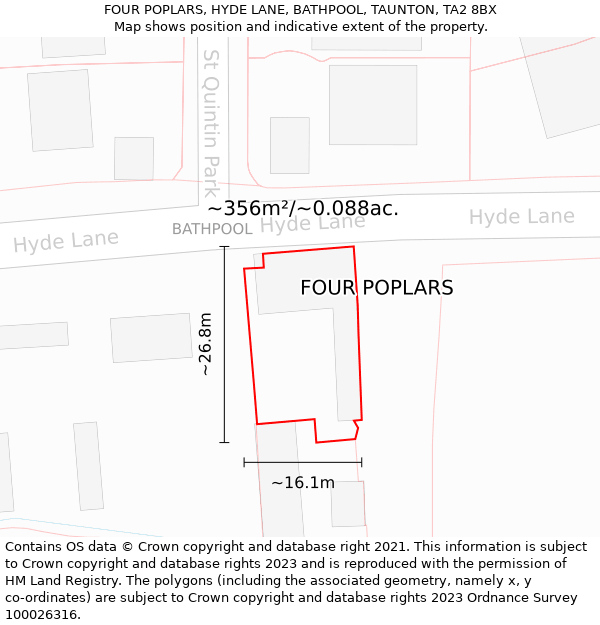 FOUR POPLARS, HYDE LANE, BATHPOOL, TAUNTON, TA2 8BX: Plot and title map