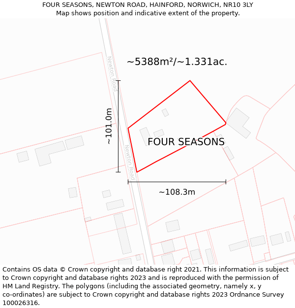 FOUR SEASONS, NEWTON ROAD, HAINFORD, NORWICH, NR10 3LY: Plot and title map