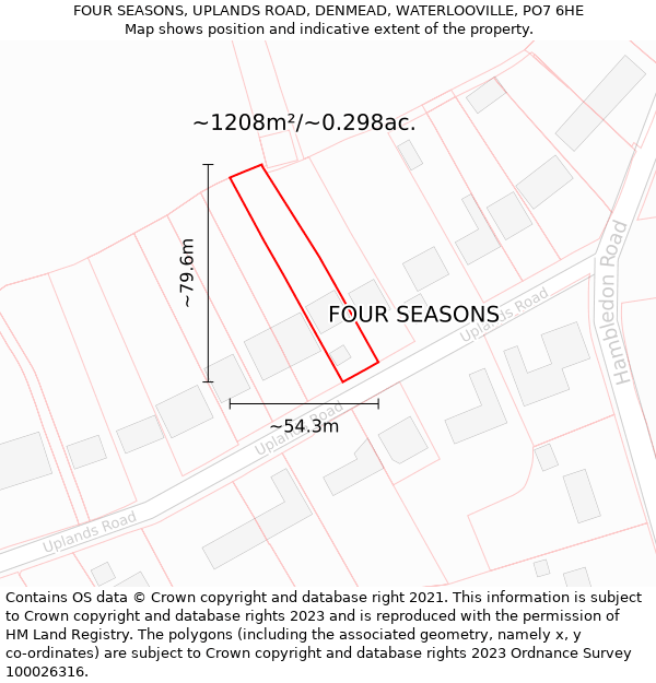 FOUR SEASONS, UPLANDS ROAD, DENMEAD, WATERLOOVILLE, PO7 6HE: Plot and title map