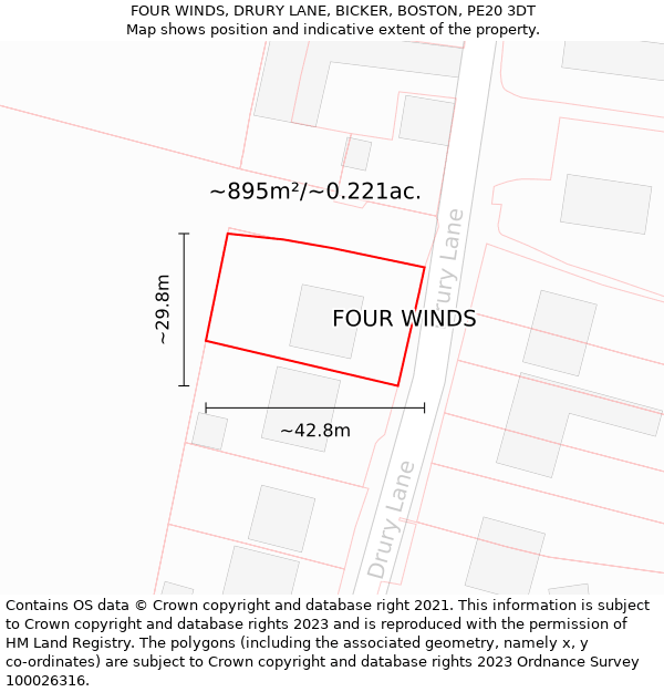 FOUR WINDS, DRURY LANE, BICKER, BOSTON, PE20 3DT: Plot and title map