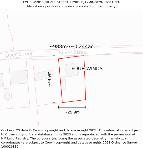 FOUR WINDS, SILVER STREET, HORDLE, LYMINGTON, SO41 0FN: Plot and title map