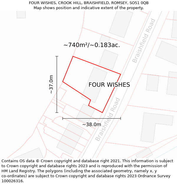 FOUR WISHES, CROOK HILL, BRAISHFIELD, ROMSEY, SO51 0QB: Plot and title map