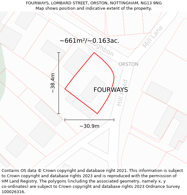 FOURWAYS, LOMBARD STREET, ORSTON, NOTTINGHAM, NG13 9NG: Plot and title map