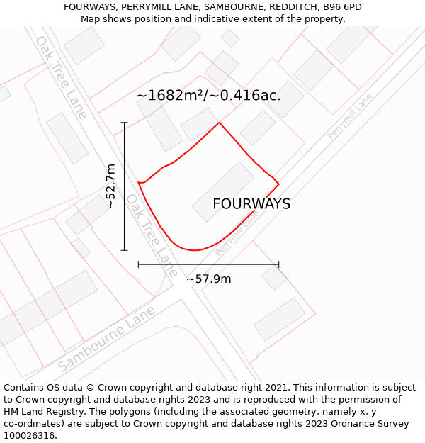 FOURWAYS, PERRYMILL LANE, SAMBOURNE, REDDITCH, B96 6PD: Plot and title map