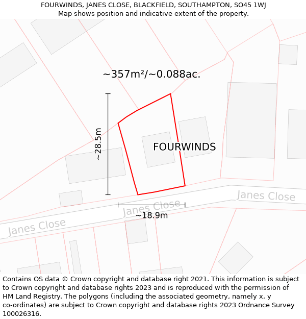 FOURWINDS, JANES CLOSE, BLACKFIELD, SOUTHAMPTON, SO45 1WJ: Plot and title map