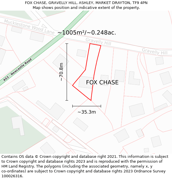 FOX CHASE, GRAVELLY HILL, ASHLEY, MARKET DRAYTON, TF9 4PN: Plot and title map