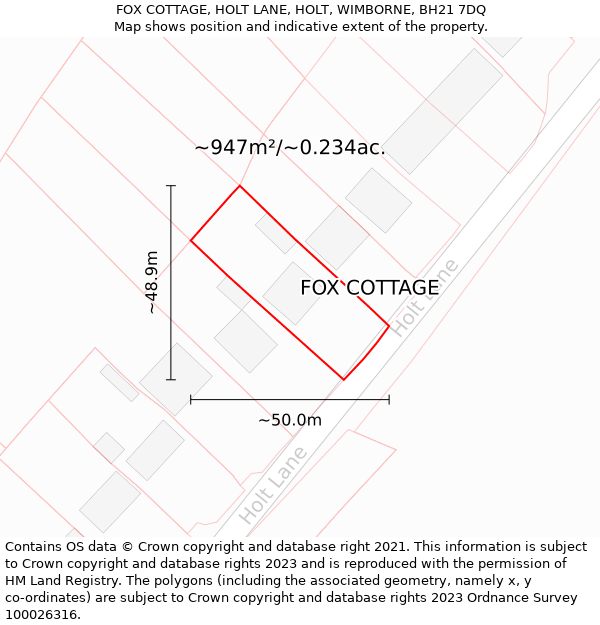 FOX COTTAGE, HOLT LANE, HOLT, WIMBORNE, BH21 7DQ: Plot and title map