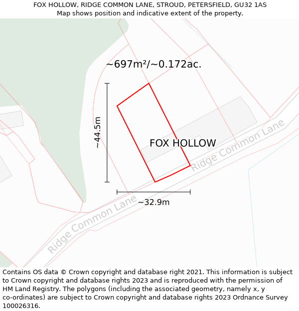 FOX HOLLOW, RIDGE COMMON LANE, STROUD, PETERSFIELD, GU32 1AS: Plot and title map