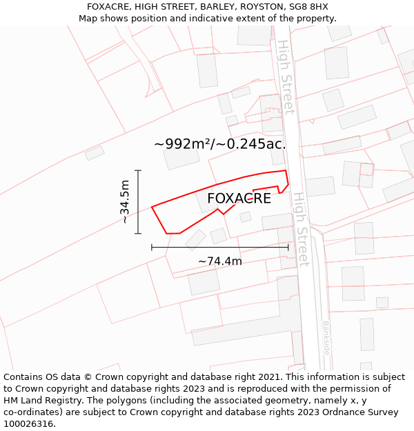 FOXACRE, HIGH STREET, BARLEY, ROYSTON, SG8 8HX: Plot and title map