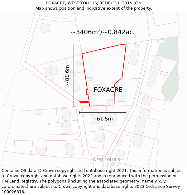 FOXACRE, WEST TOLGUS, REDRUTH, TR15 3TN: Plot and title map