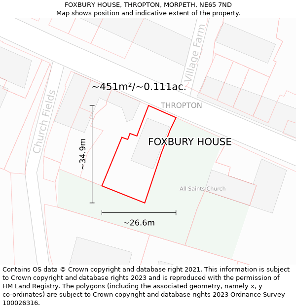 FOXBURY HOUSE, THROPTON, MORPETH, NE65 7ND: Plot and title map