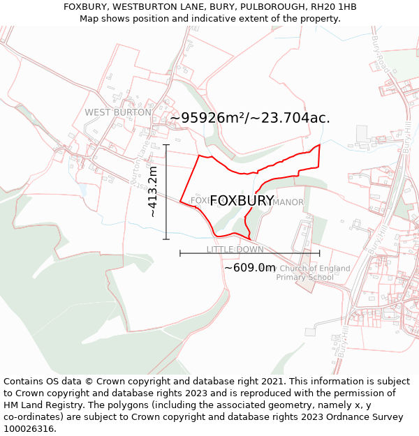 FOXBURY, WESTBURTON LANE, BURY, PULBOROUGH, RH20 1HB: Plot and title map