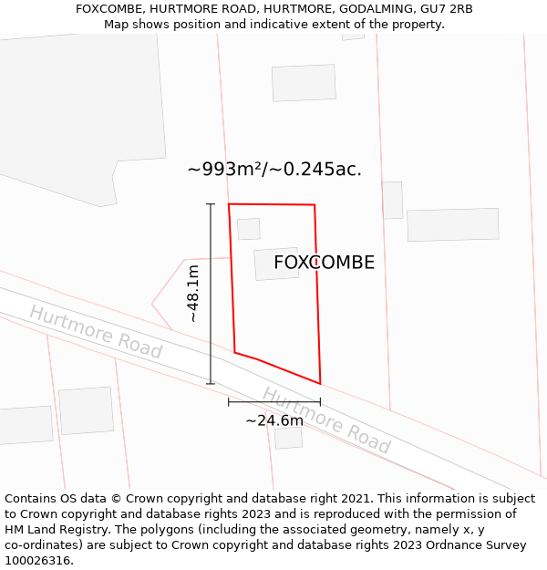 FOXCOMBE, HURTMORE ROAD, HURTMORE, GODALMING, GU7 2RB: Plot and title map