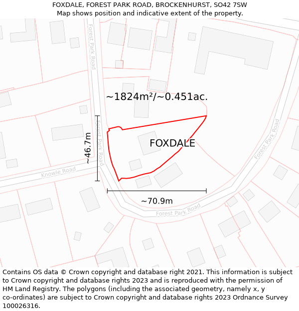 FOXDALE, FOREST PARK ROAD, BROCKENHURST, SO42 7SW: Plot and title map