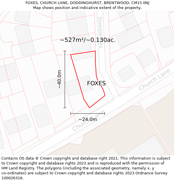 FOXES, CHURCH LANE, DODDINGHURST, BRENTWOOD, CM15 0NJ: Plot and title map