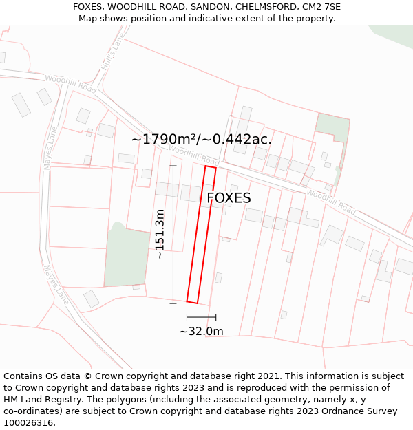 FOXES, WOODHILL ROAD, SANDON, CHELMSFORD, CM2 7SE: Plot and title map