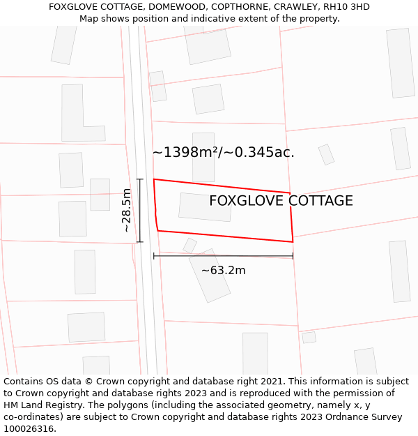 FOXGLOVE COTTAGE, DOMEWOOD, COPTHORNE, CRAWLEY, RH10 3HD: Plot and title map